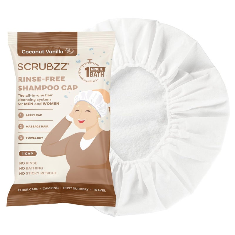 Scrubzz Shampoo Cap No Rinse for Elderly and Bedridden Patients, Rinse Free Shampoo Cap for Post Surgery and Hospital Stays, Waterless Hair Washing Shower Caps - Coconut Vanilla - 1 Pack - Image 1
